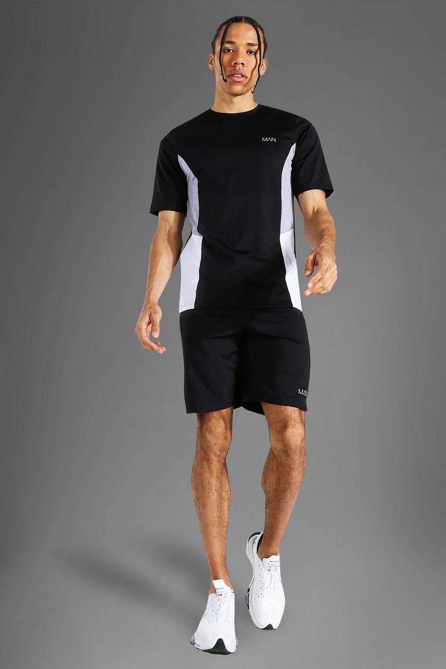 Black Tall Colour Block Man Active T-Shirt En Shorts Set image number 1