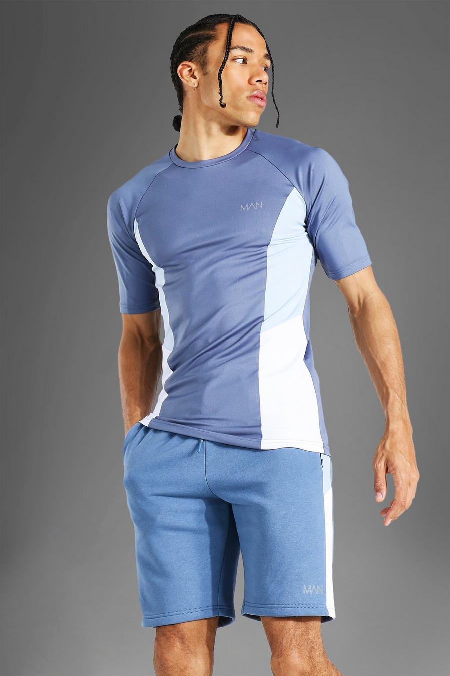 Dusty blue Tall Raglan Colour Block Man Active T-Shirt image number 1