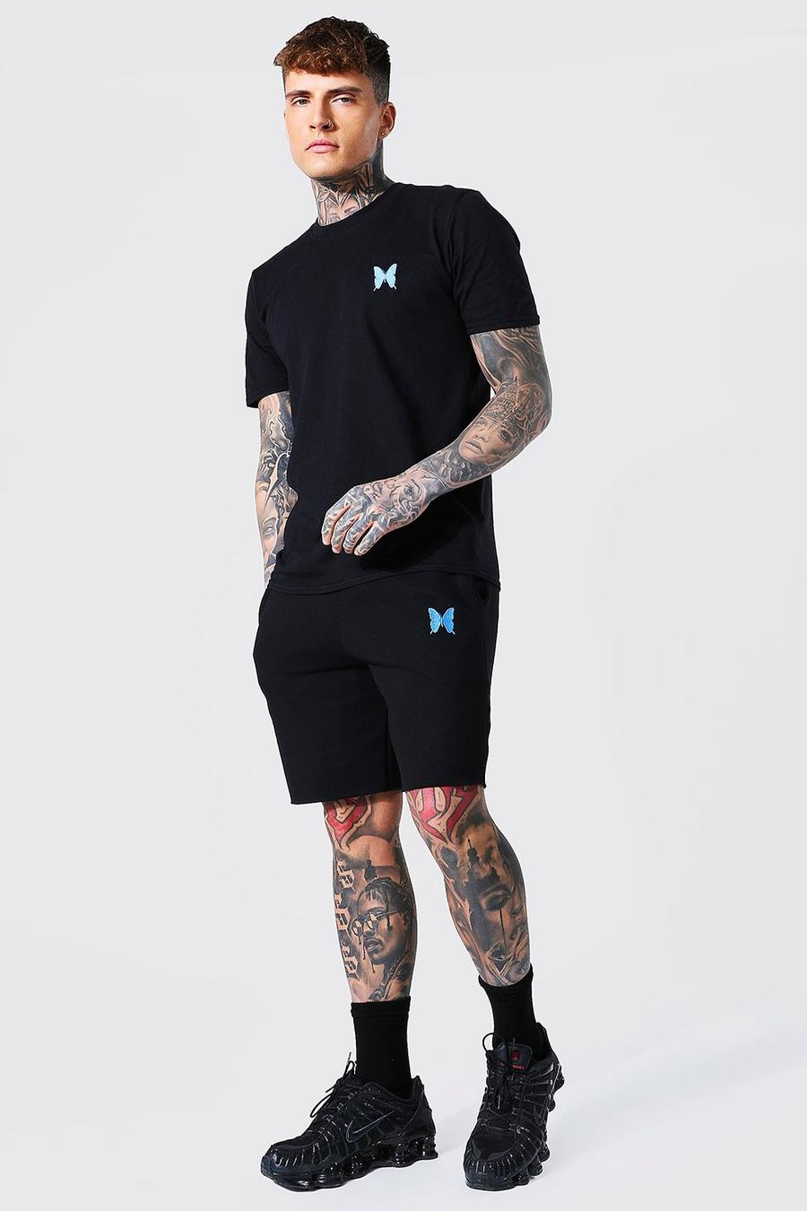 Conjunto de pantalones cortos y camiseta mariposa bordada, Negro image number 1