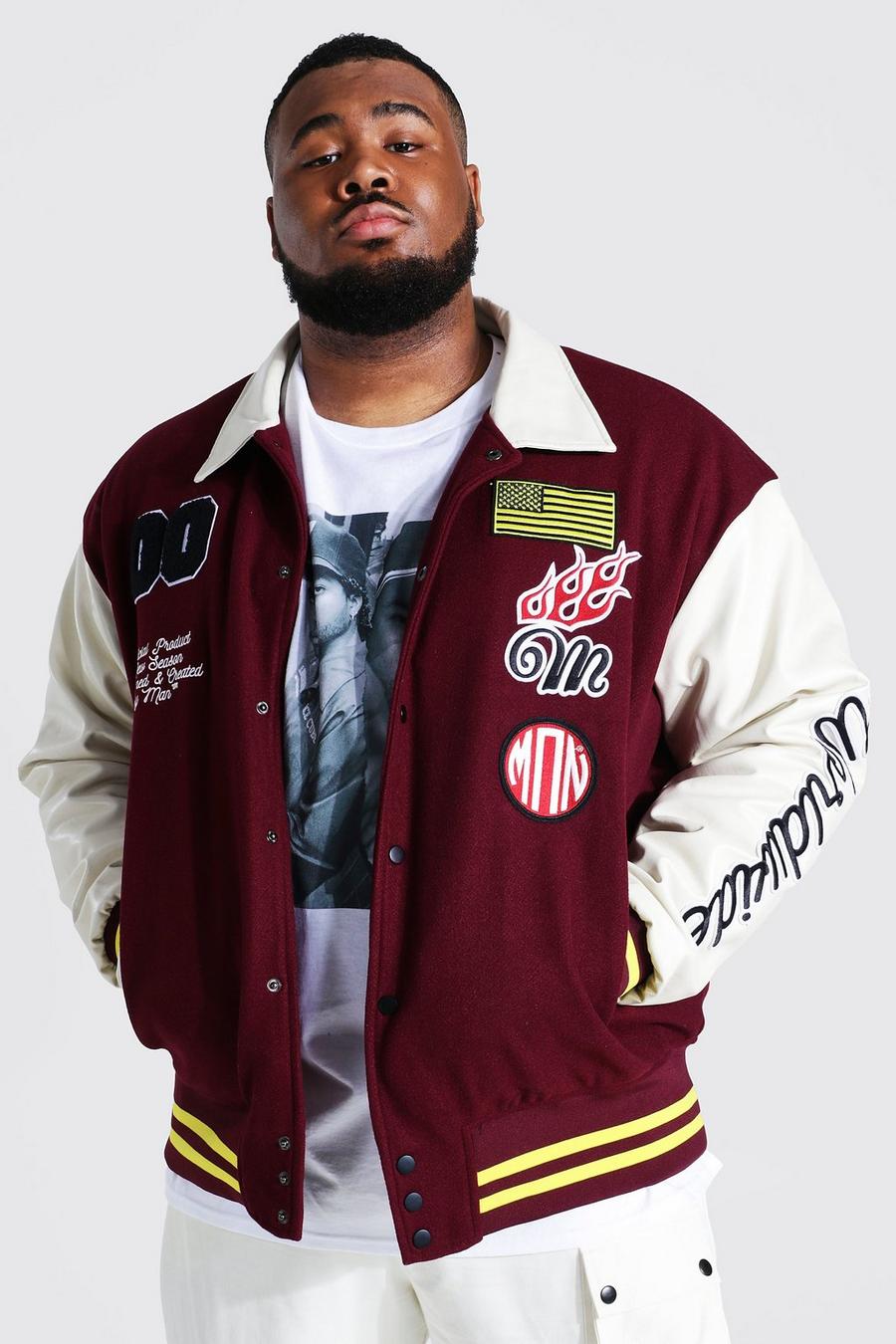 Giacca Plus in stile varsity con badge con scritta Man, Bordeaux image number 1