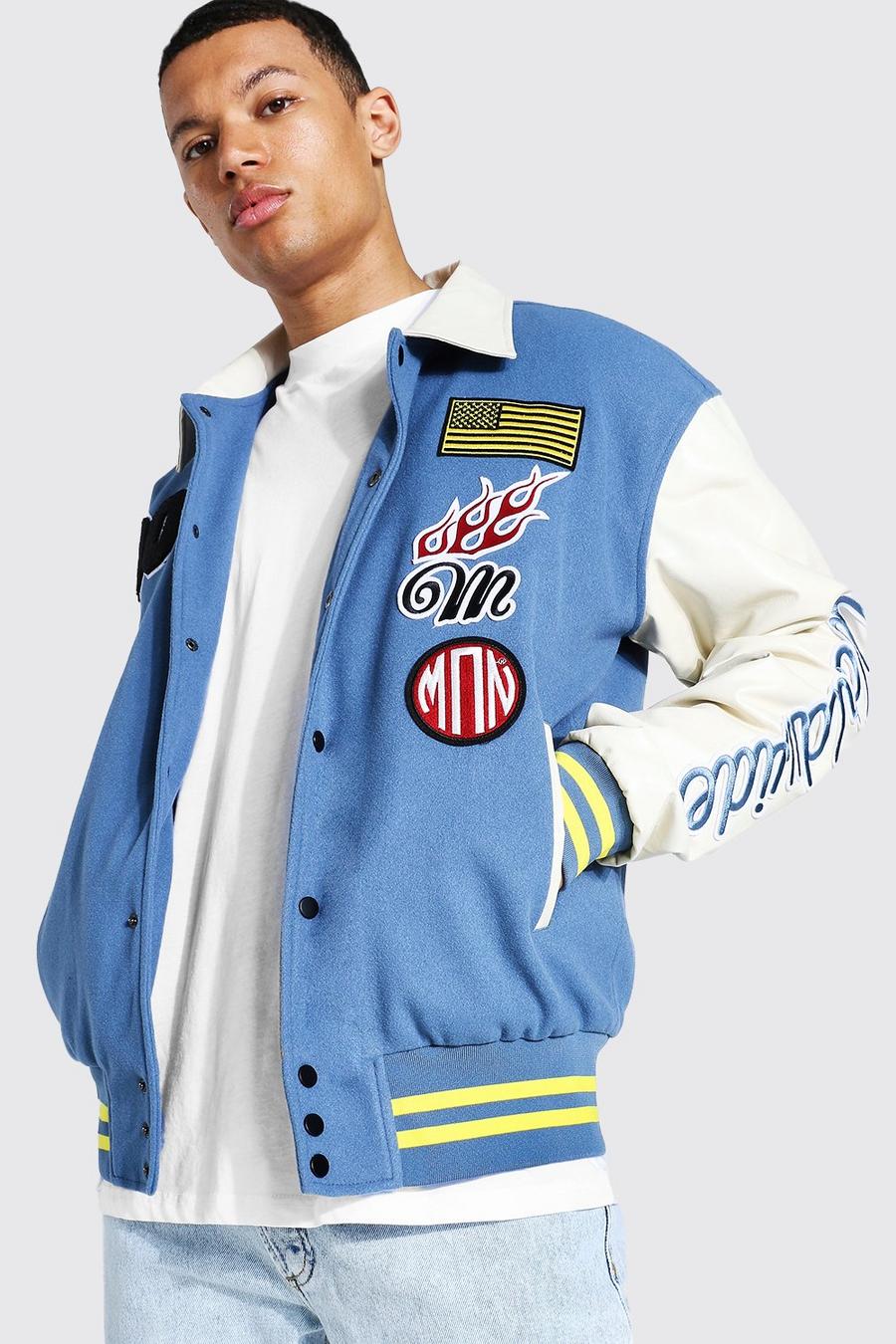 Light blue Tall Man Badge Varsity Jacket image number 1