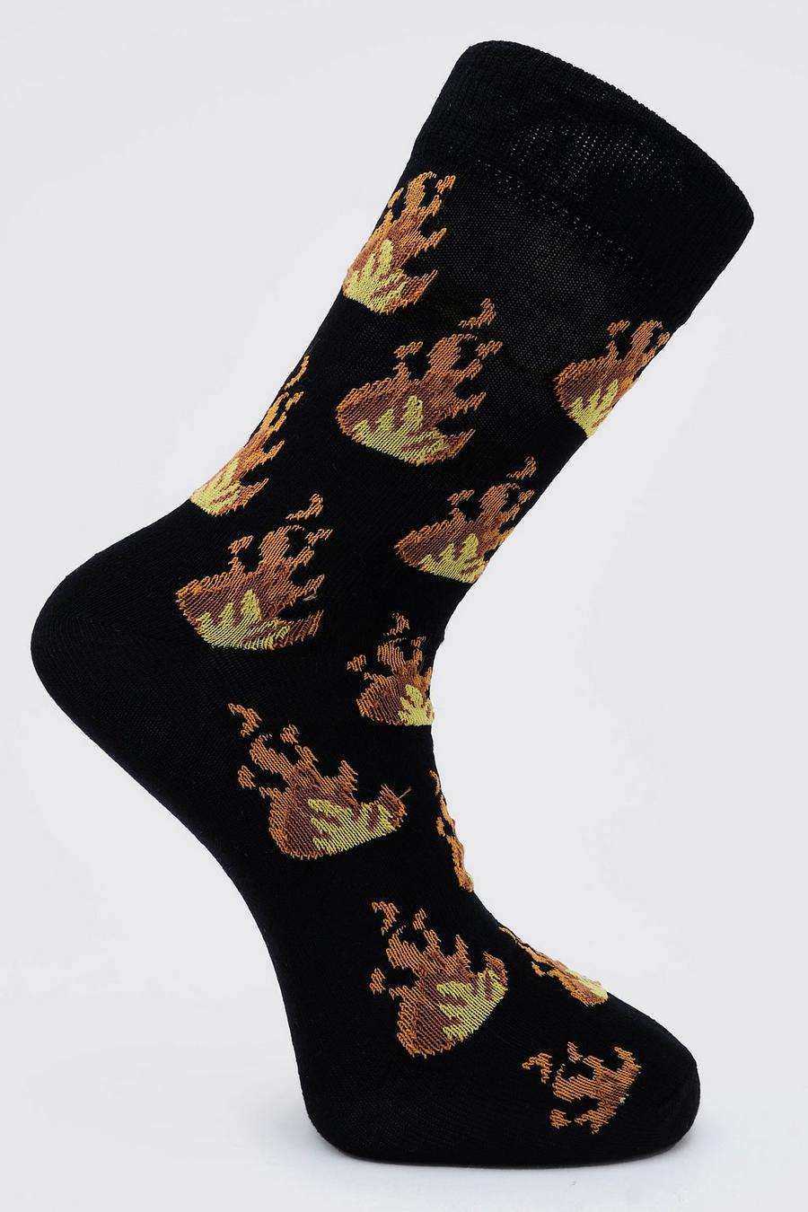 Jacquard-Socken mit durchgehendem Flammen-Print, Schwarz image number 1