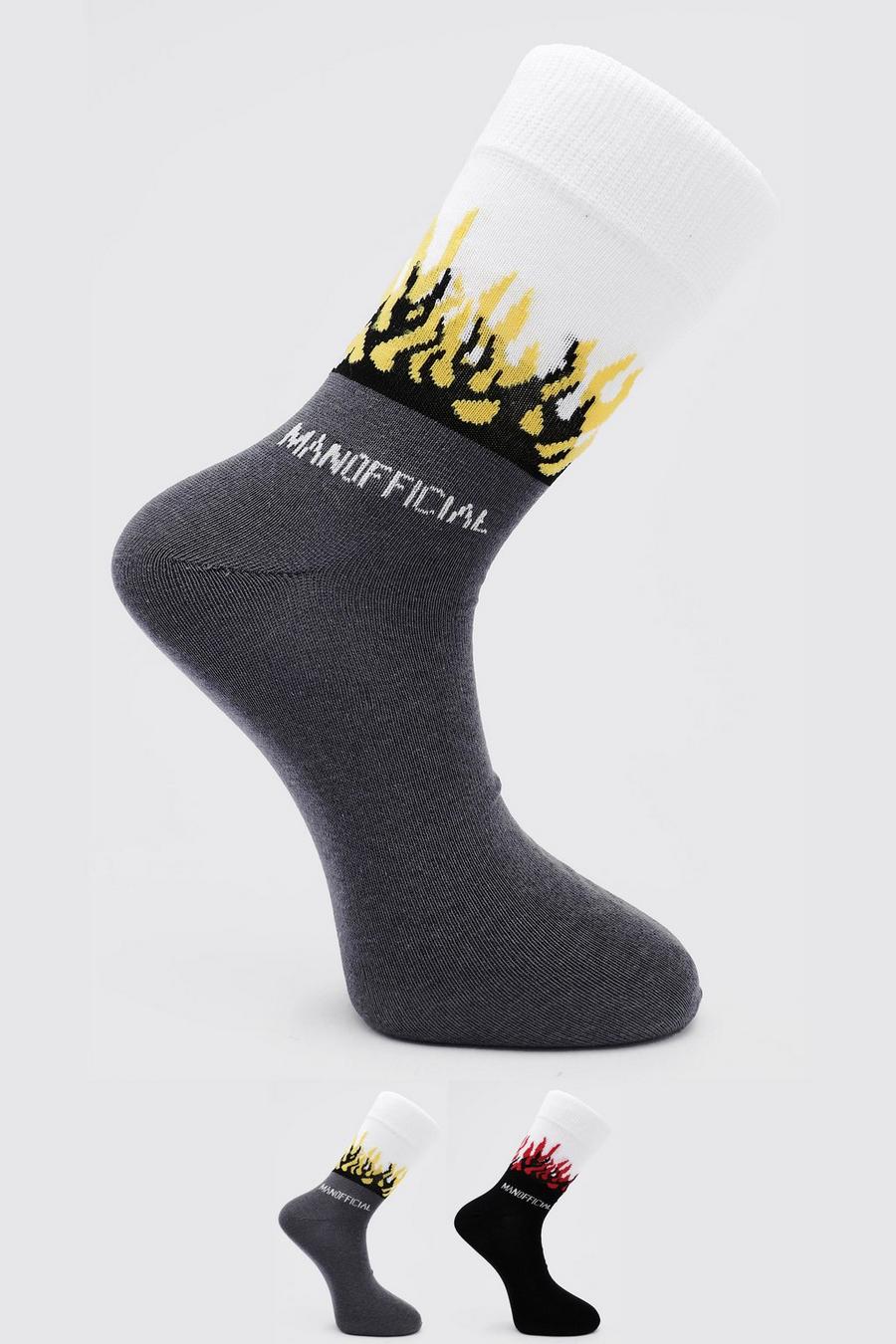 Confezione con 2 paia di calzini con stampa di fiamme e scritta Man Official, Multi image number 1