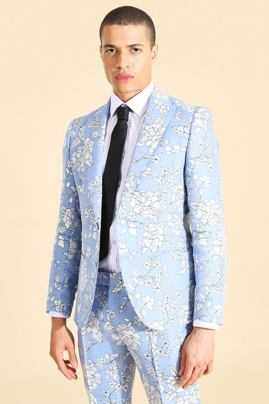 Blue Skinny Floral Jacquard Suit Trouser image number 1