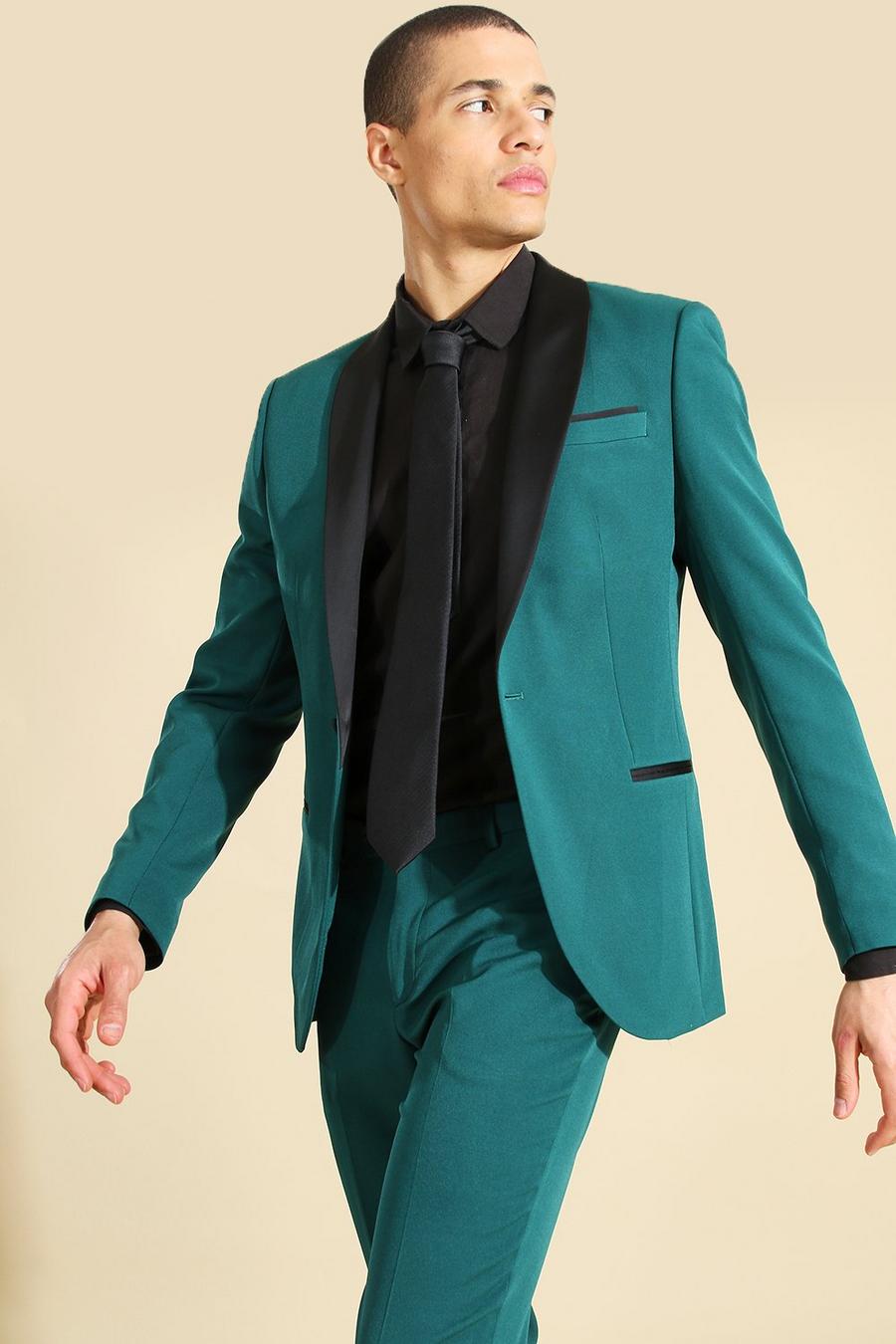 Einreihige Skinny Anzugjacke mit Kontrast-Revers, Dark green image number 1