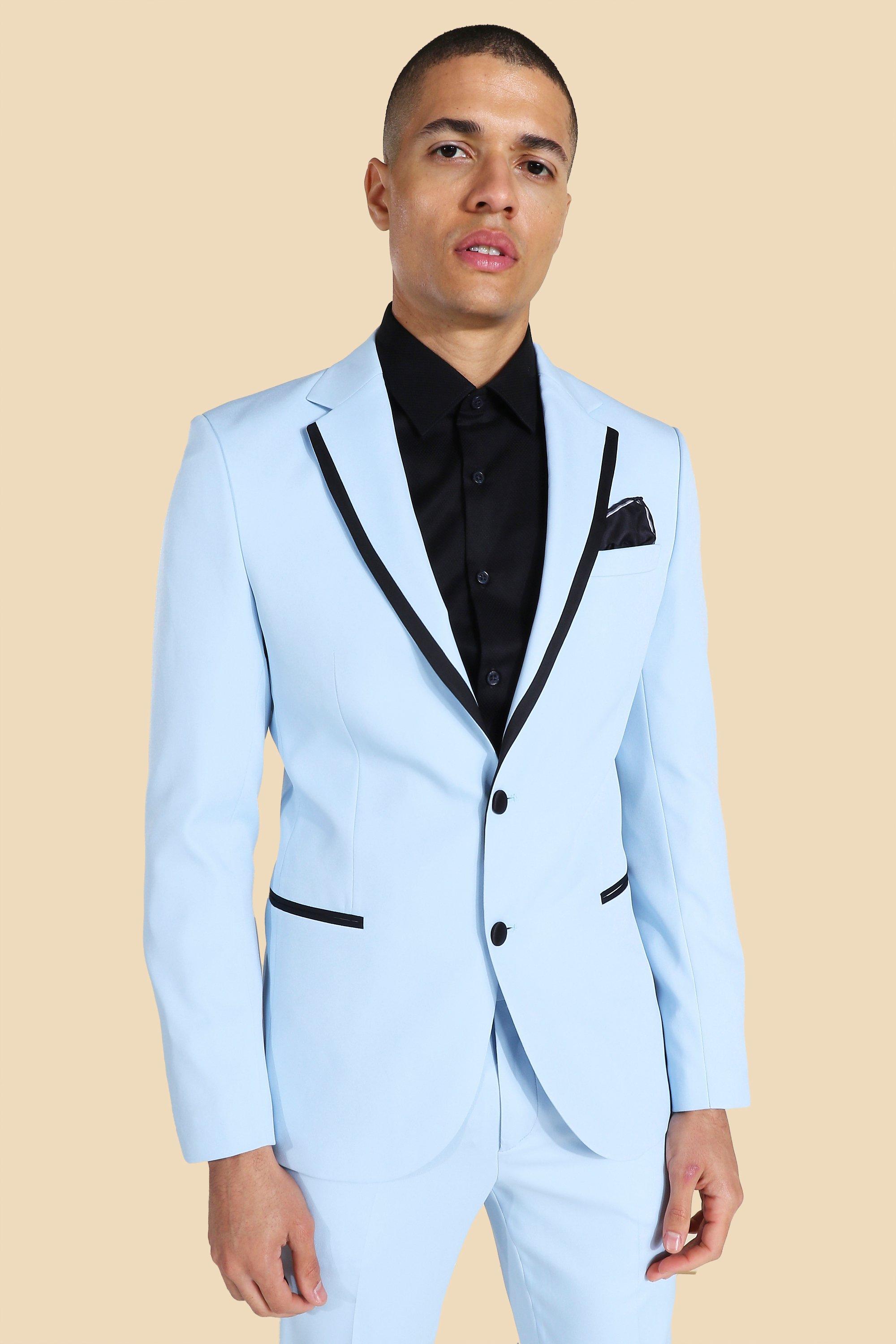 Light blue Notch Lapel Contrast Piping Skinny Jacket