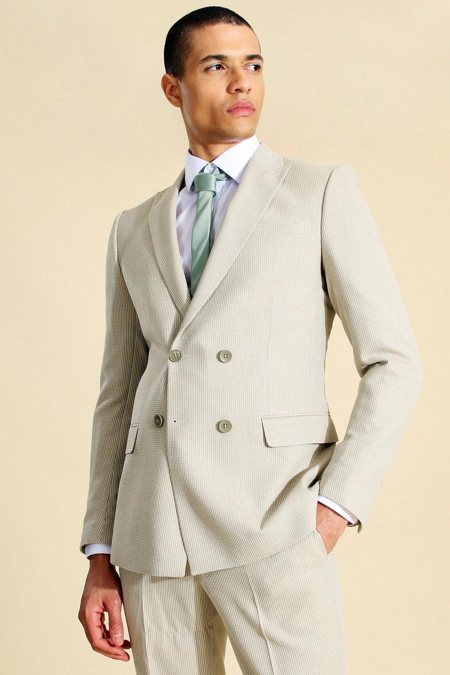 Stone Double Breasted Textured Skinny Suit Jacket image number 1