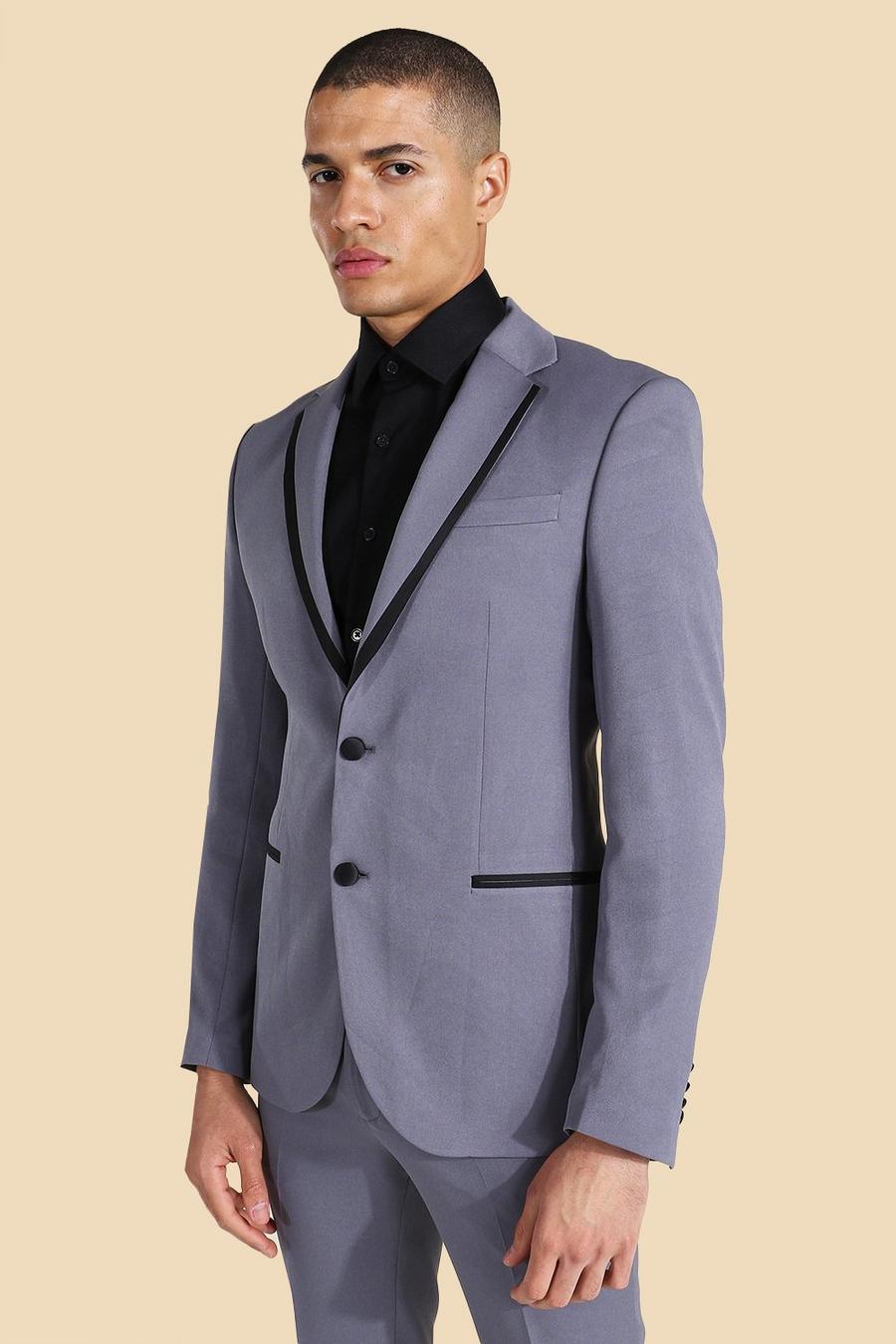 Grey Notch Lapel Contrast Piping Skinny Jacket image number 1