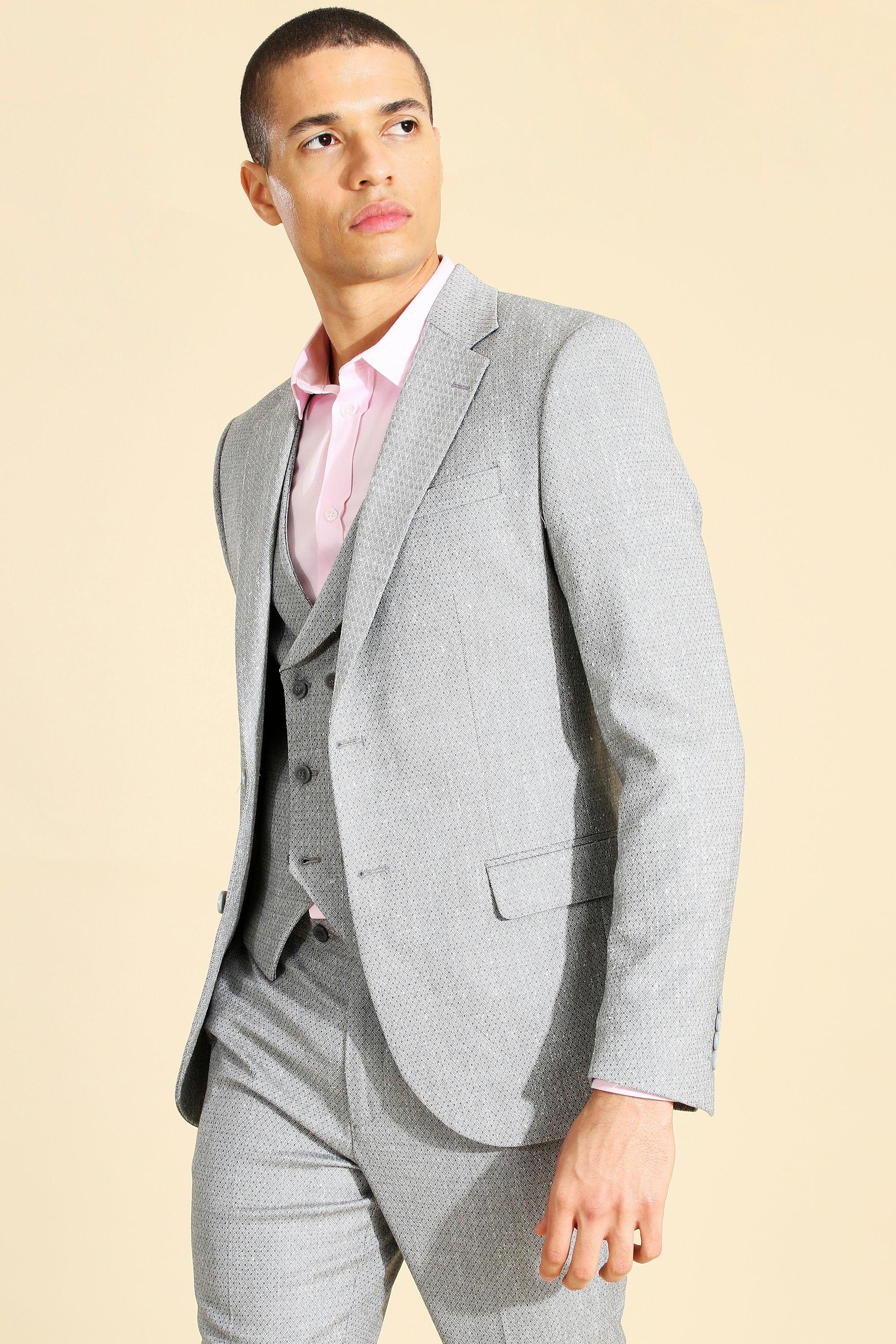 Grey Single Breasted Textured Skinny Suit Jacket