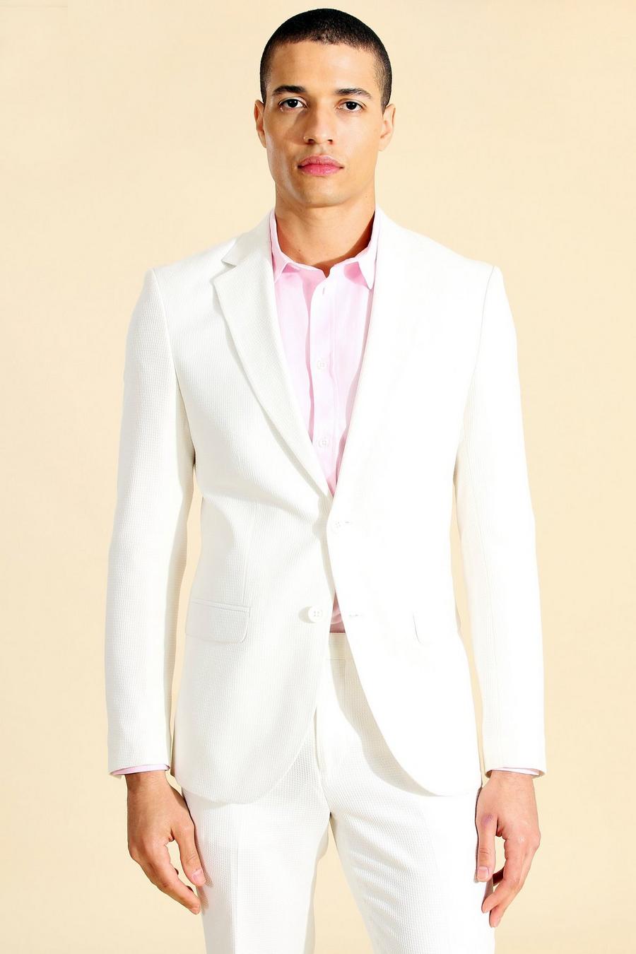 White Single Breasted Skinny Textured Suit Jacket image number 1