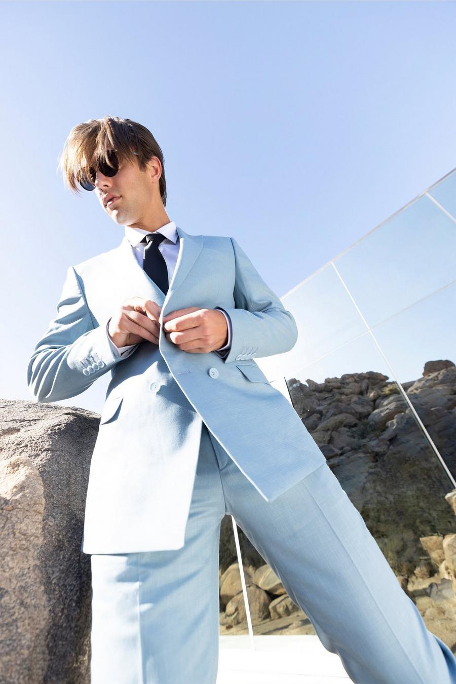 Texturierte zweireihige Skinny Anzugjacke, Blue image number 1