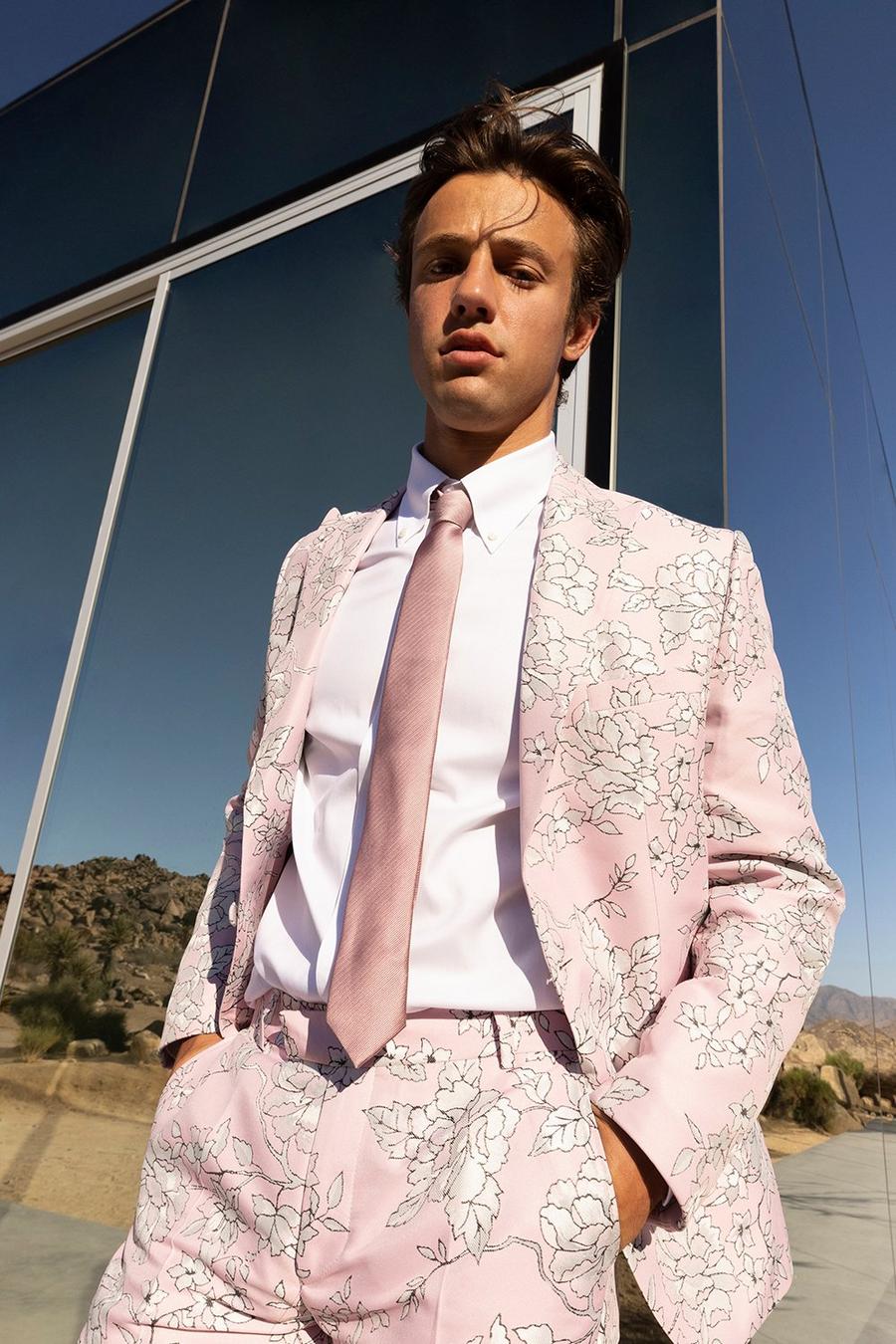 Chaqueta de traje ajustada de tela jacquard con botonadura, Pink image number 1