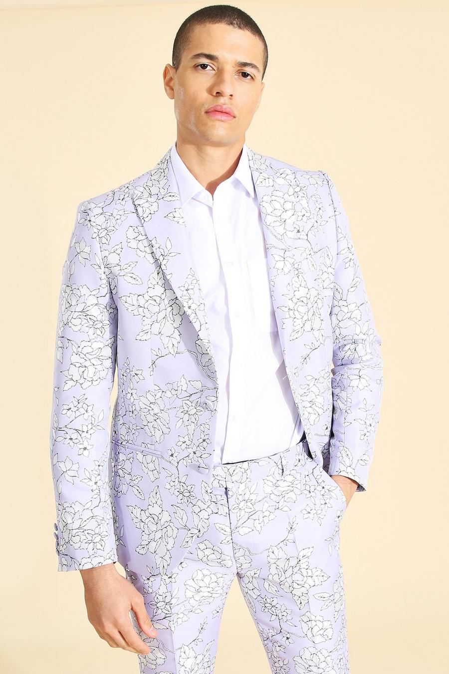 Chaqueta de traje ajustada de tela jacquard con botonadura, Lilac image number 1