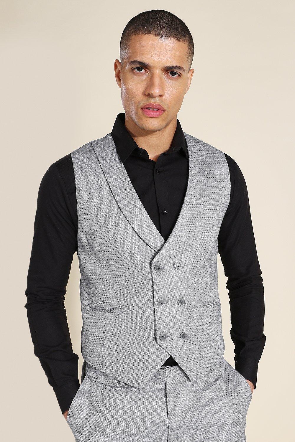 Grey Double Breasted Skinny Textured Waistcoat