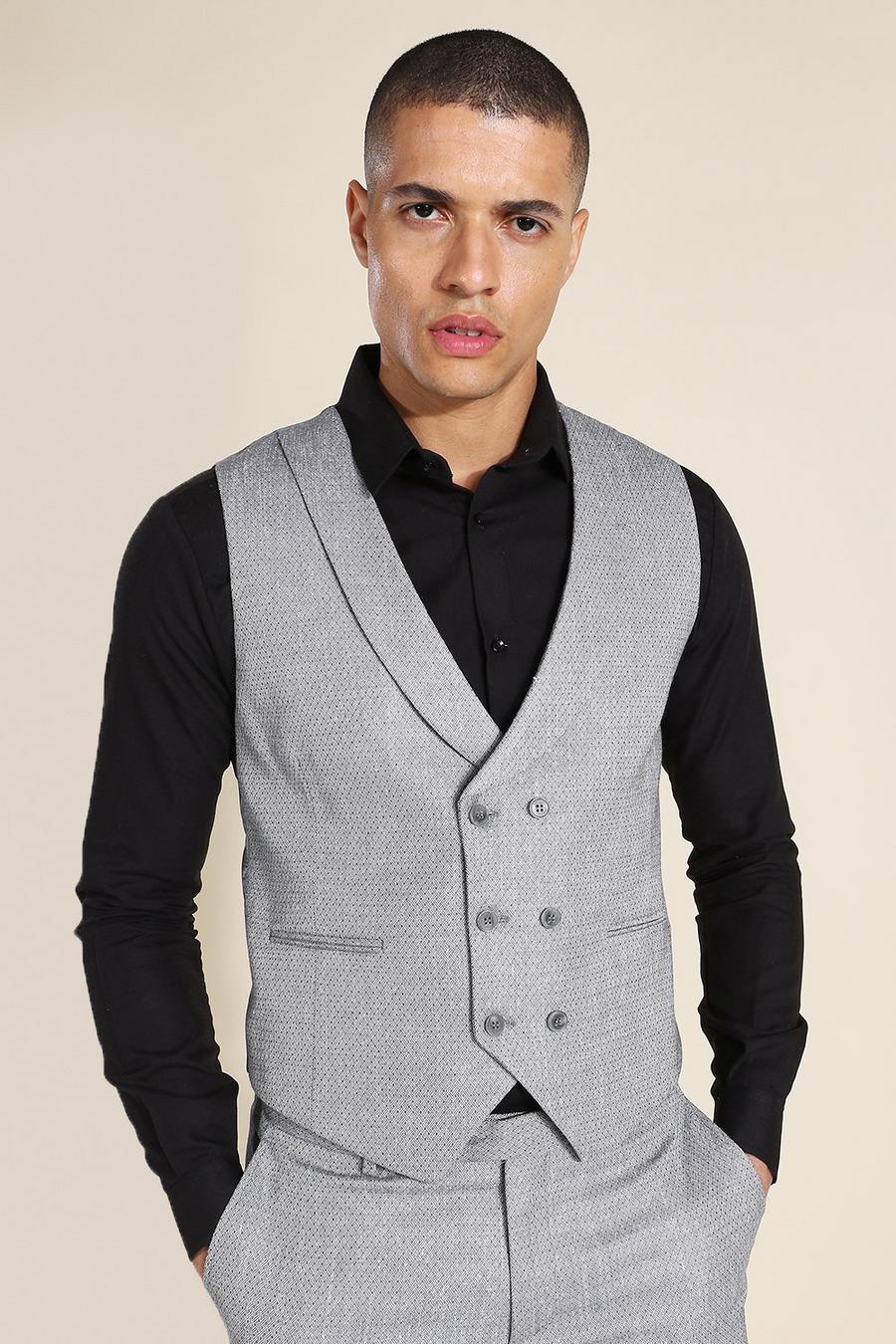 Grey Double Breasted Skinny Textured Waistcoat image number 1