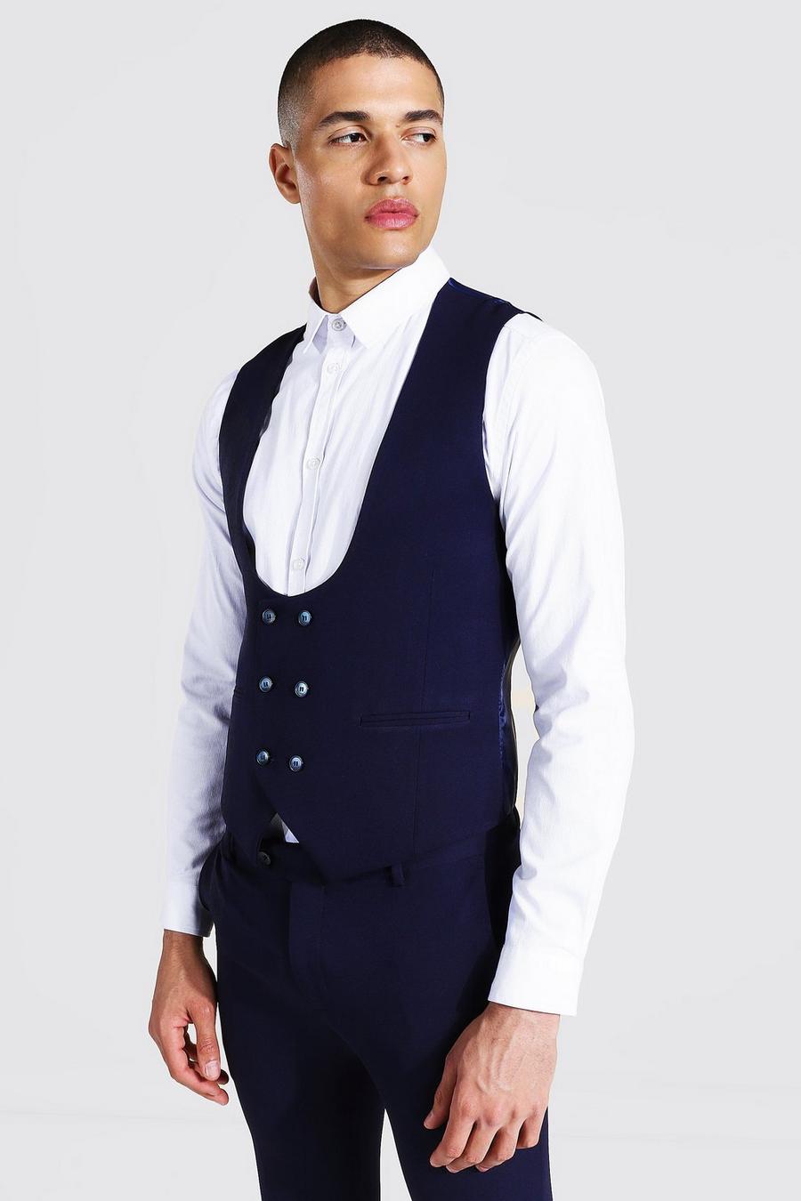 Navy Double Breasted Curve Super Skinny Waistcoat