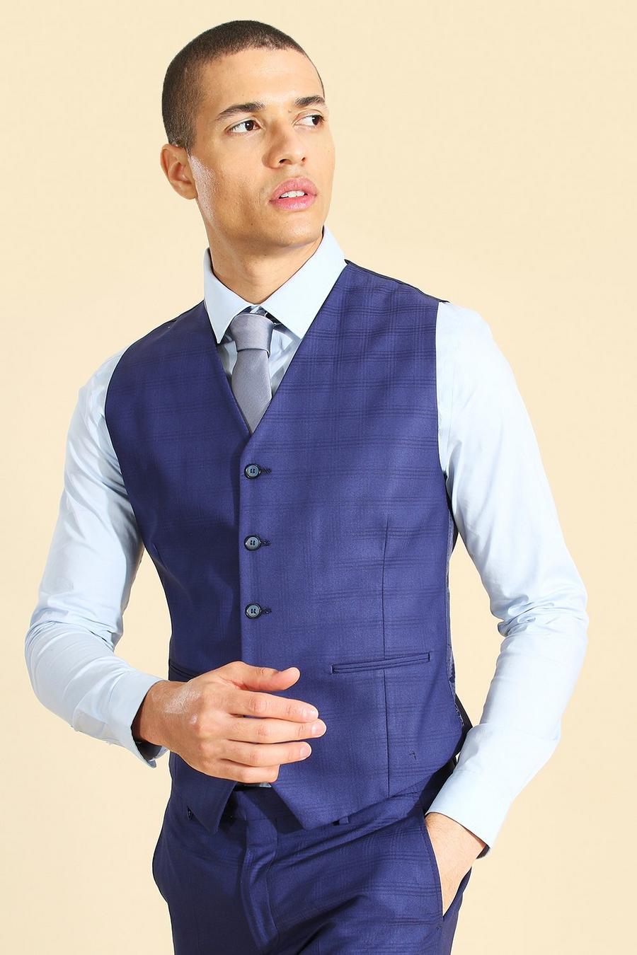 Blue Double Breasted Slim Check Vest image number 1