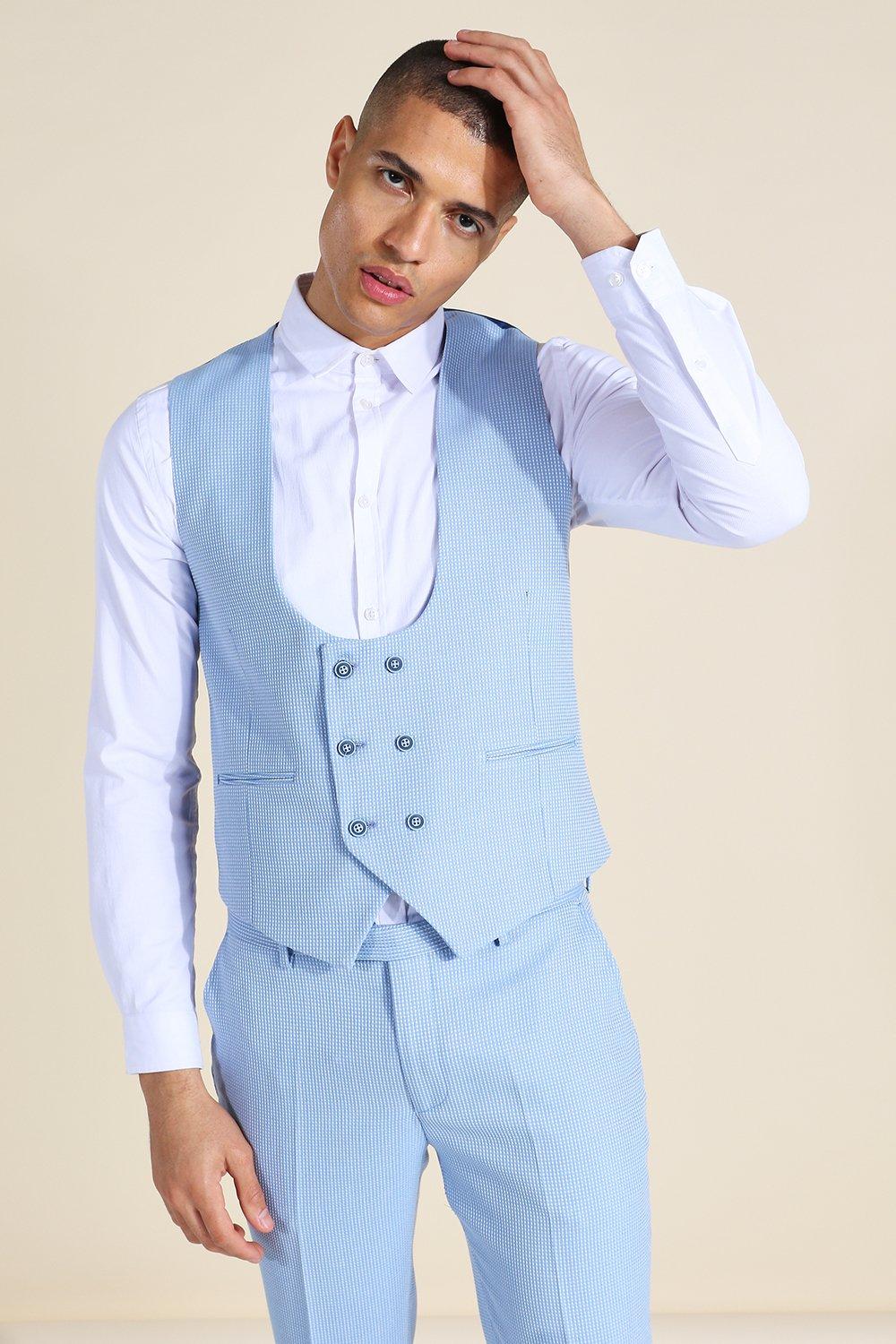 Light blue Double Breasted Textured Skinny Waistcoat