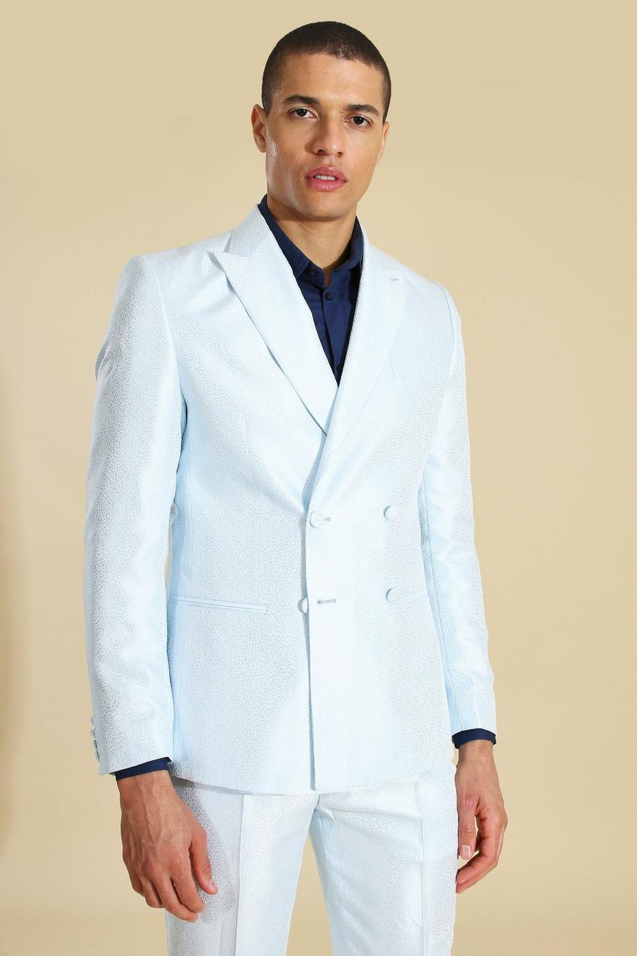 Blue Double Breasted Jacquard Skinny Suit Jacket image number 1