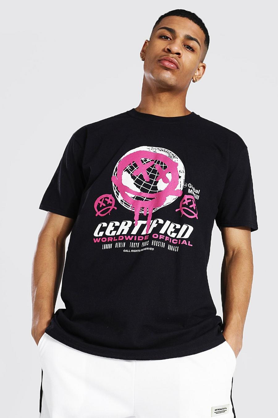 Camiseta ancha con gráfico de globo terráqueo de cara goteante, Negro image number 1