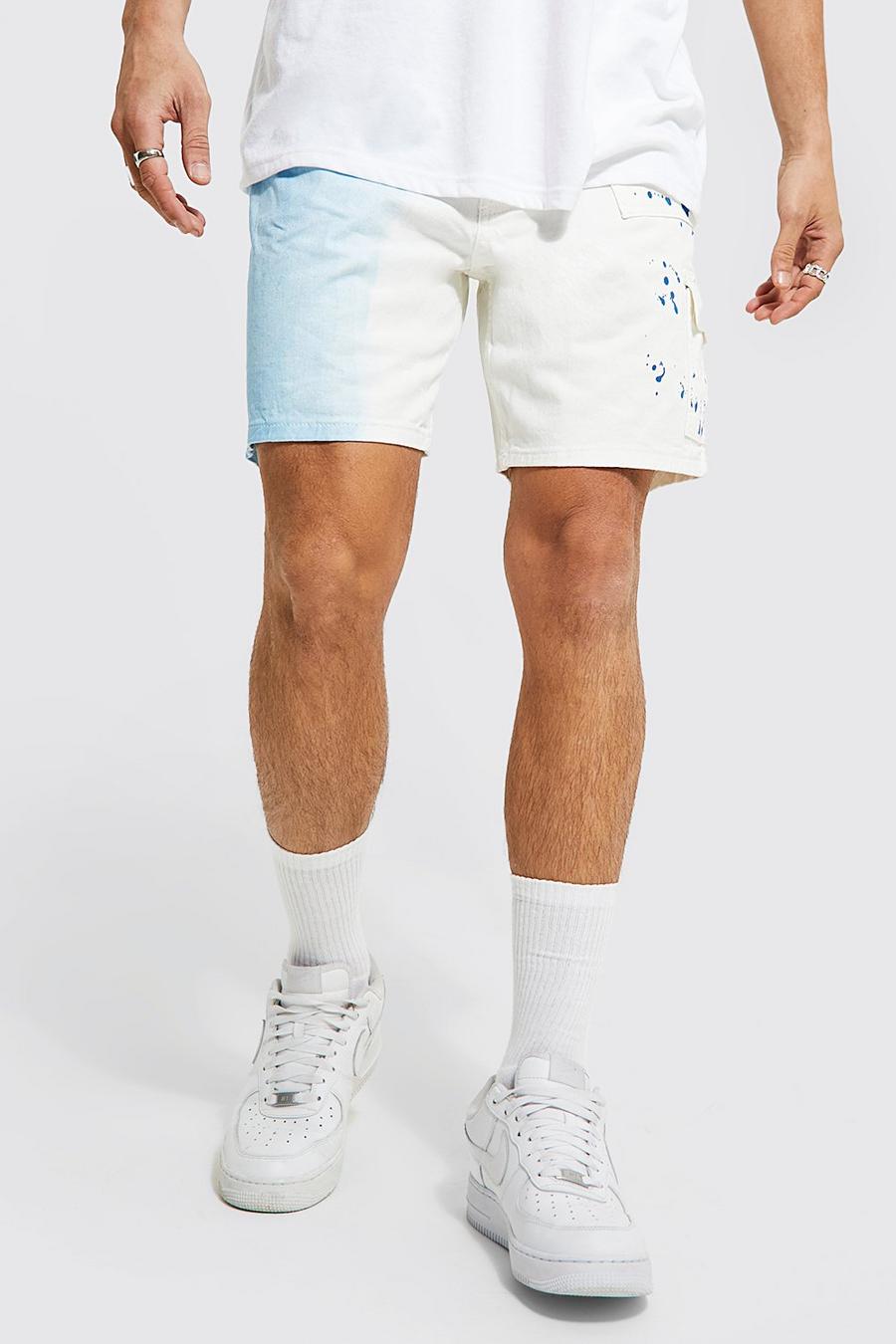White Relaxed Fit Splice Short With Paint Splatter