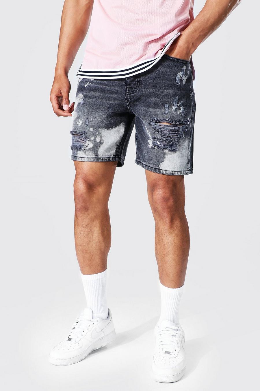 Washed black Relaxed Fit Rigid Bleached Denim Short