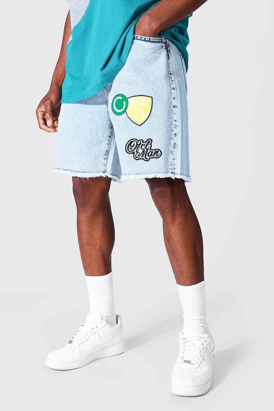 Ice blue Relaxed Fit Varsity Badge Jean Short image number 1