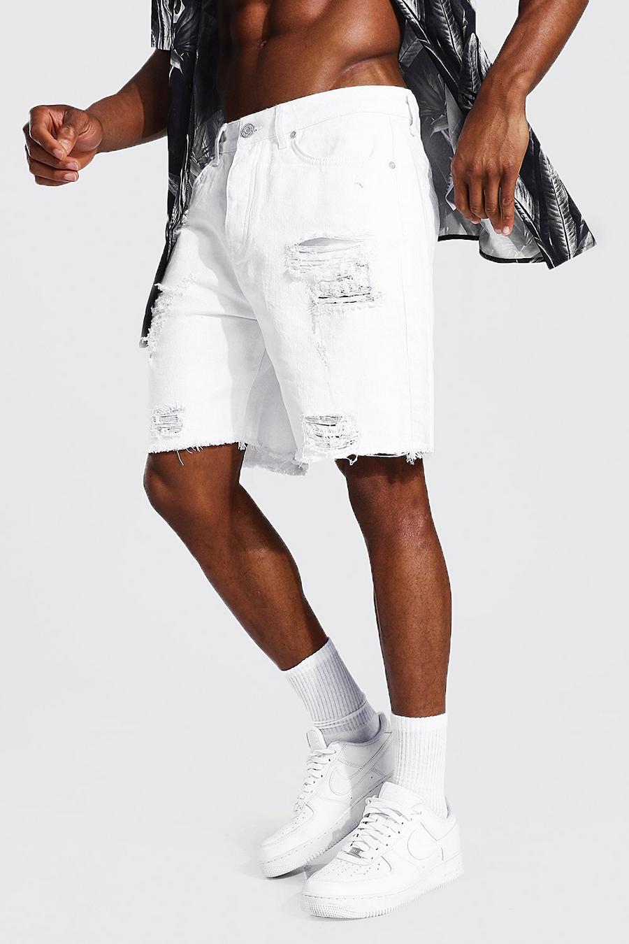 White Relaxed Fit Rip & Repair Jean Short image number 1