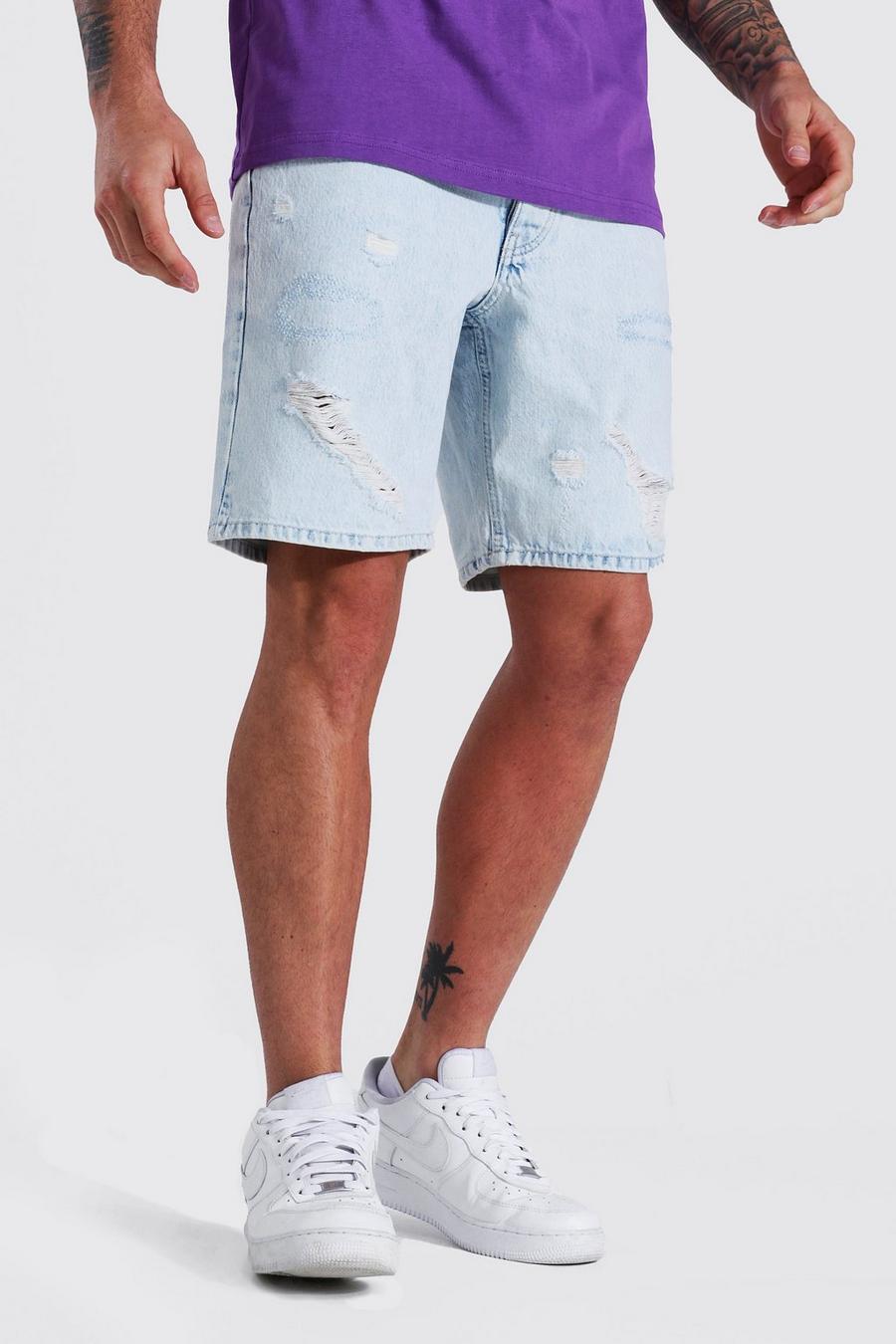 Short en jean rigide coupe slim à déchirures multiples, Bleu glacé image number 1