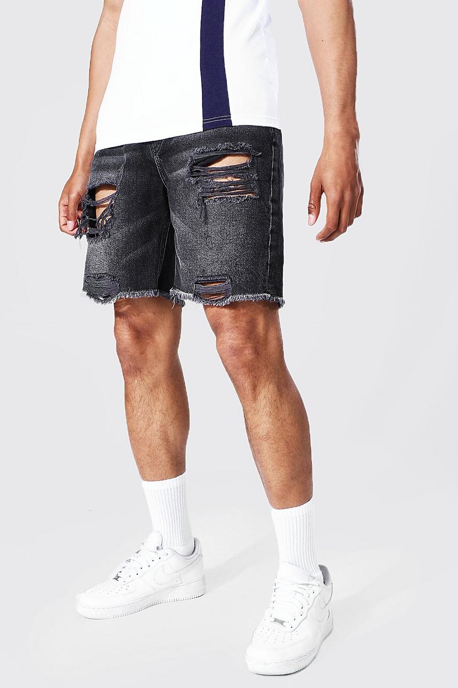 Washed black Relaxed Fit Rip & Repair Denim Short image number 1