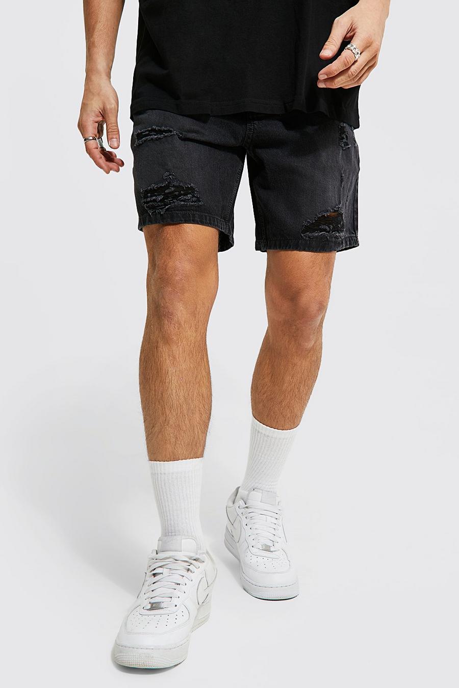 Pantaloncini in denim taglio comodo con smagliature, Charcoal image number 1