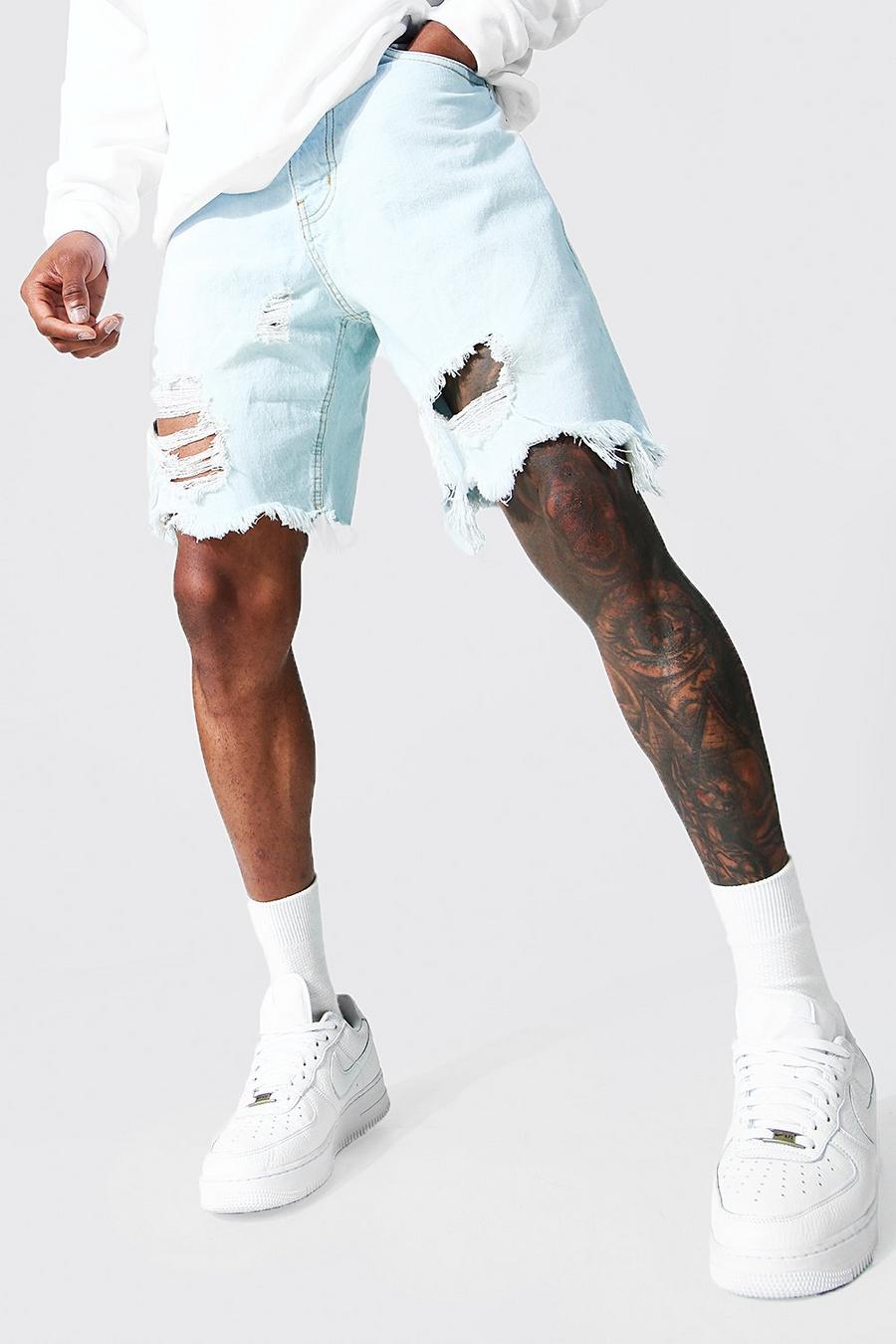 Bleach wash Relaxed Fit Multi Rip Distressed Denim Short image number 1