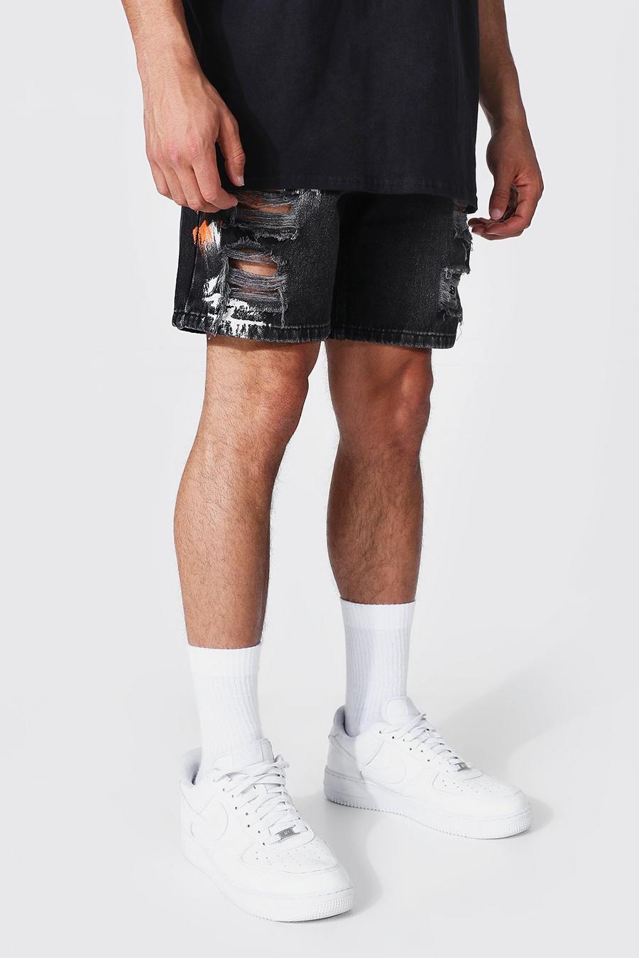 Charcoal grey Relaxed Fit Painted Denim Short