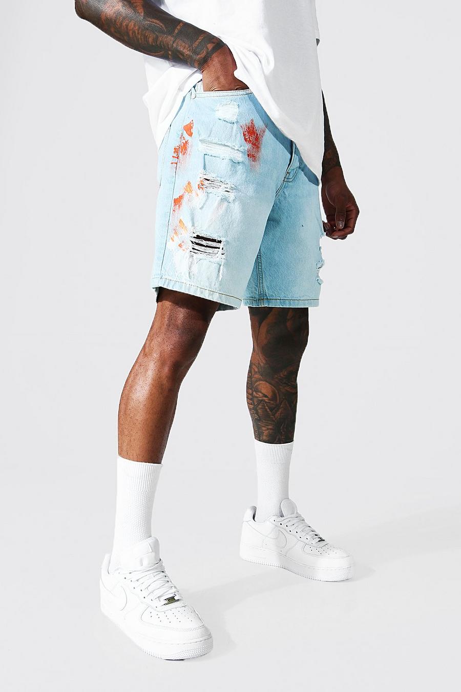 Ice blue Baggy Denim Shorts Met Verfspetters image number 1