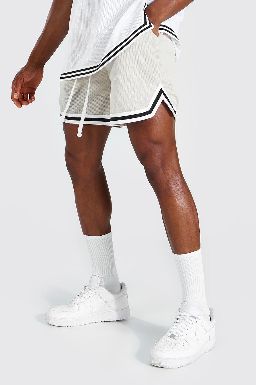 Pantalones cortos de baloncesto de malla con franja, Stone image number 1