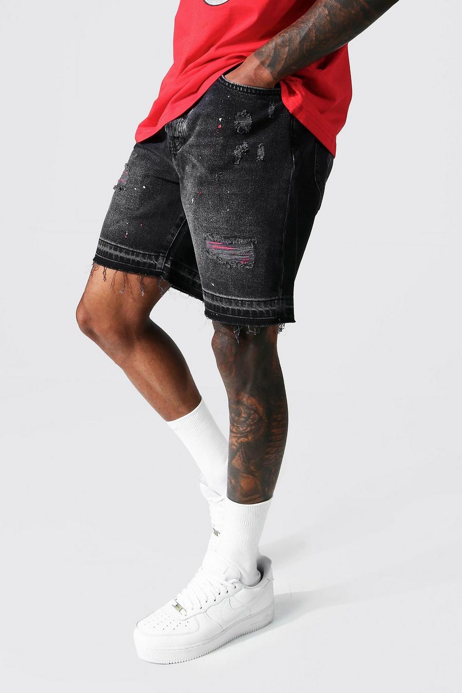 Washed black Slitna jeansshorts med lagningar och ledig passform image number 1