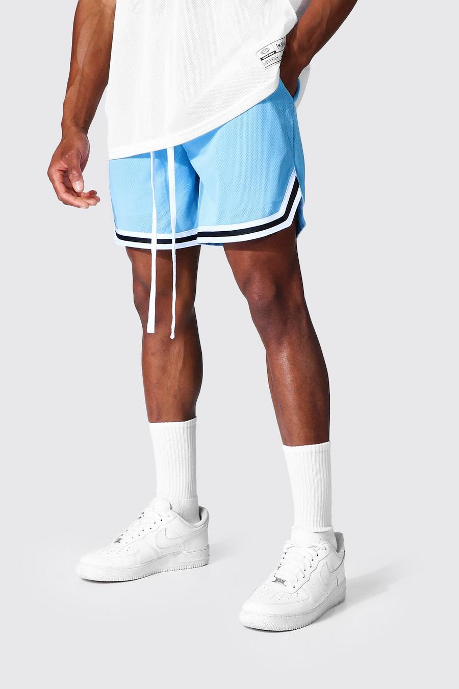 Blue Short Length Mesh Basketball Shorts With Tape
