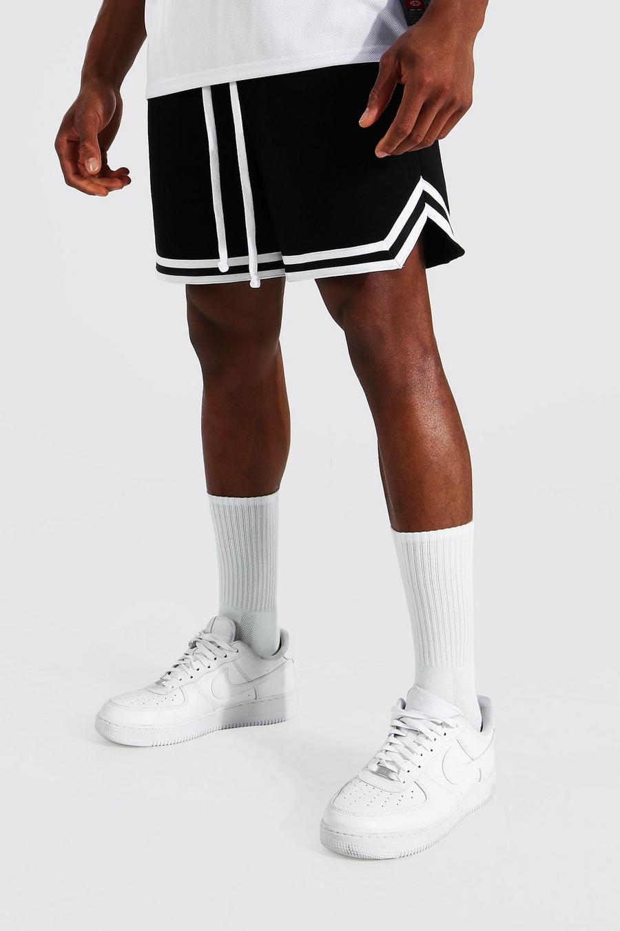Pantalones cortos de punto de largo corto de baloncesto con cinta, Negro image number 1