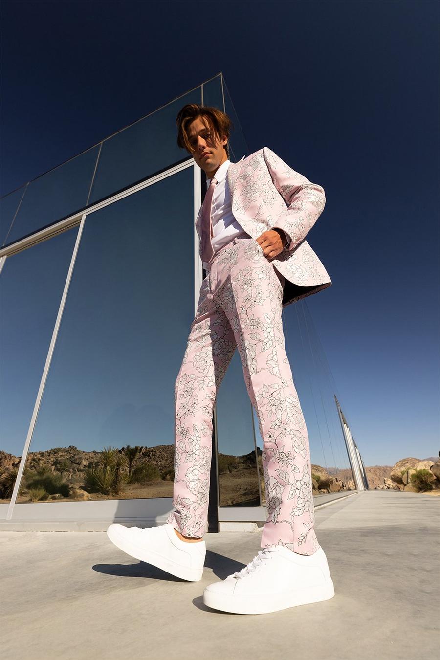 Pink Jacquard Bloemenprint Skinny Fit Pantalons image number 1