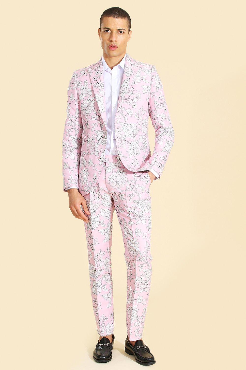 Skinny Pink Floral Jacquard Suit