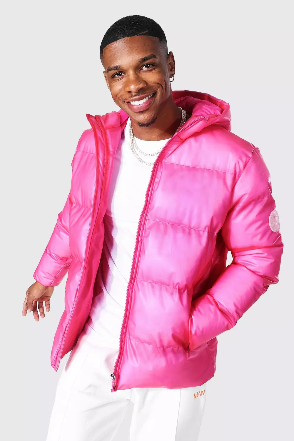 Mens pink puffer jacket on sale