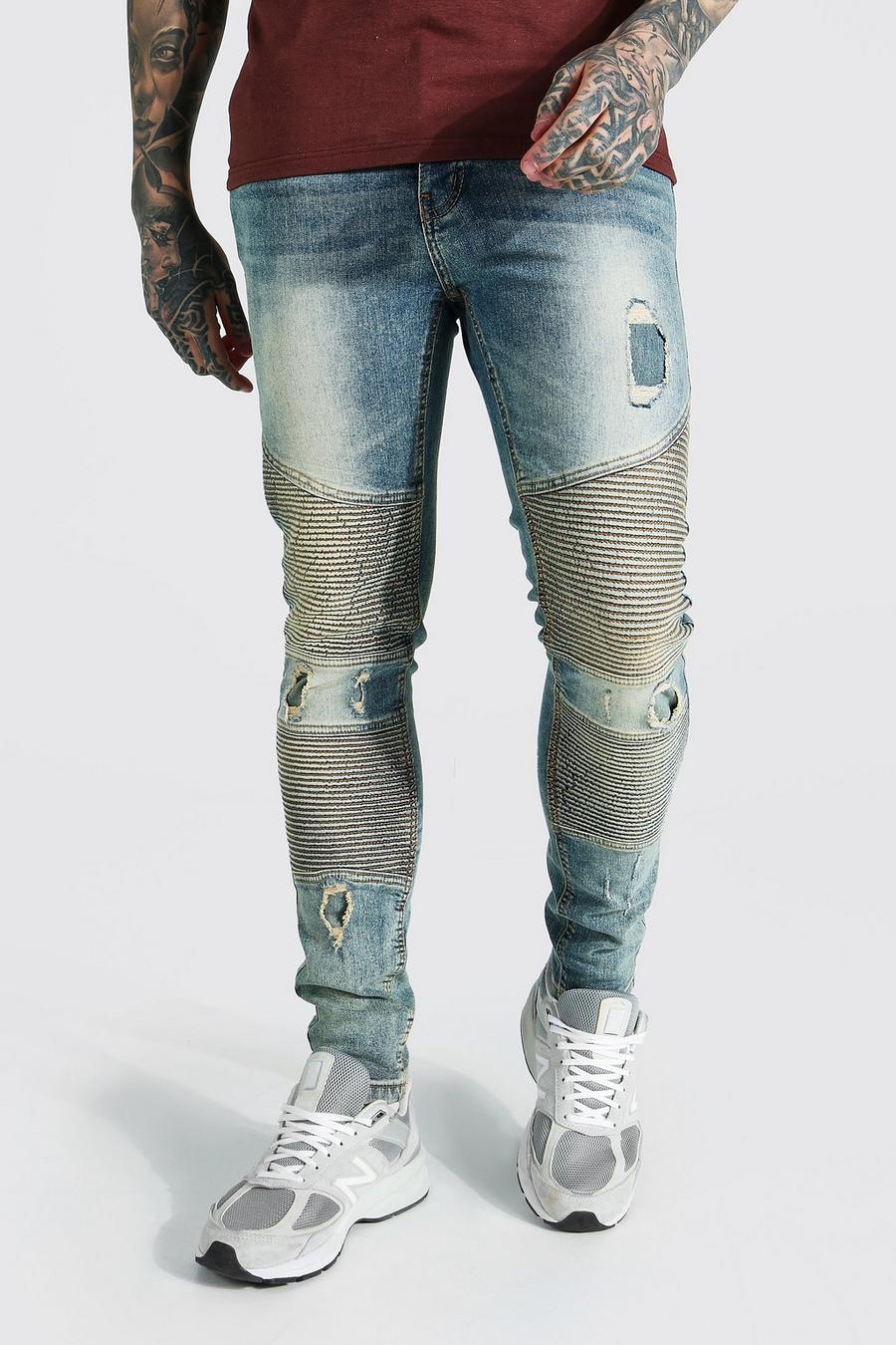 כחול עתיק סקיני ג'ינס בסגנון אופנוענים מבד נמתח עם קרעים image number 1