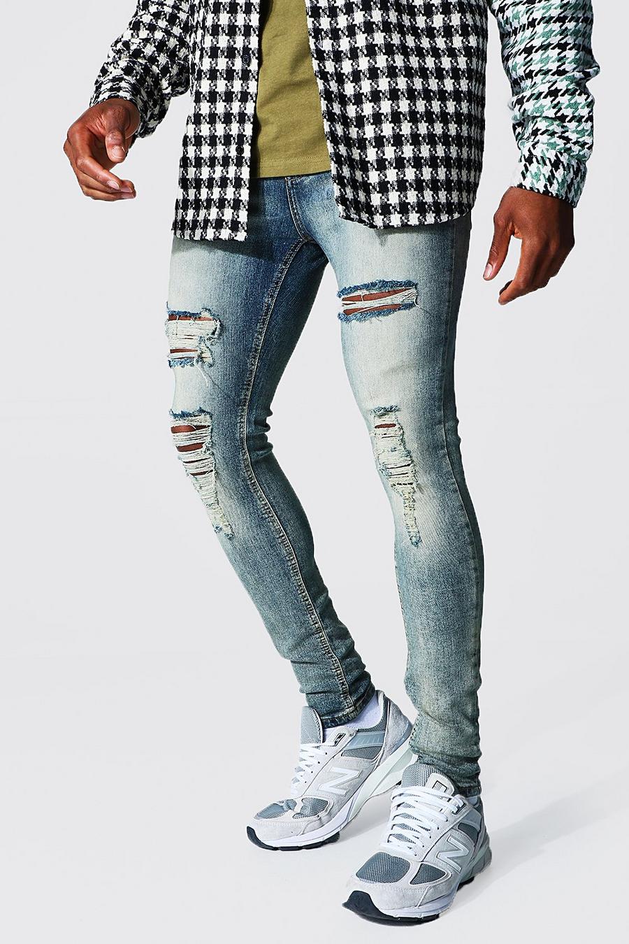 Antique blue Super Skinny Jeans With All Over Rips image number 1