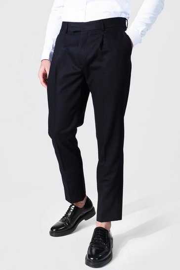Men's Slim Crop Pleat Front Tailored Trouser | Boohoo UK
