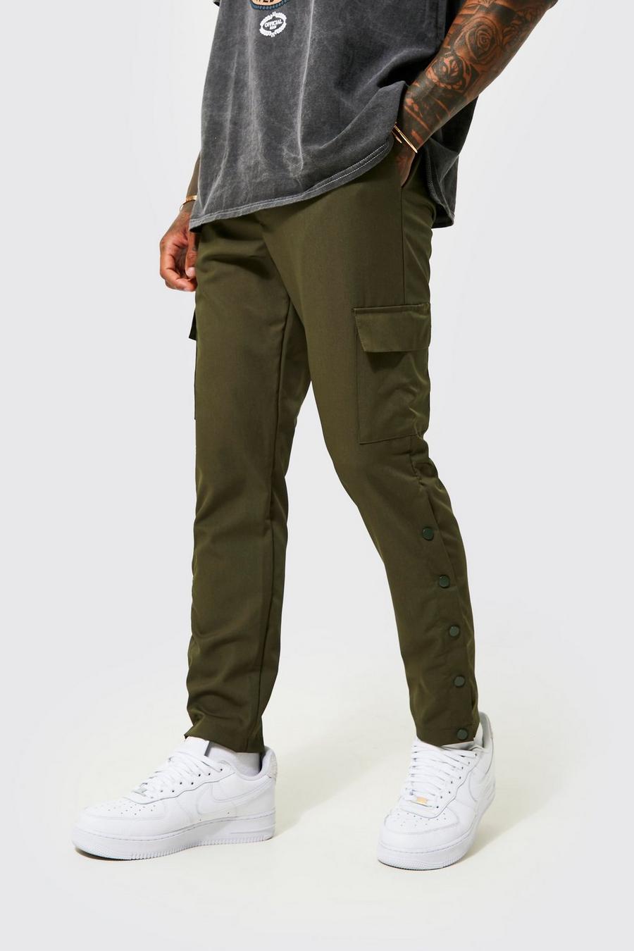 חאקי kaki מכנסי ריצה סקיני קרופ אלגנטיים חלקים בסגנון דגמ"ח image number 1