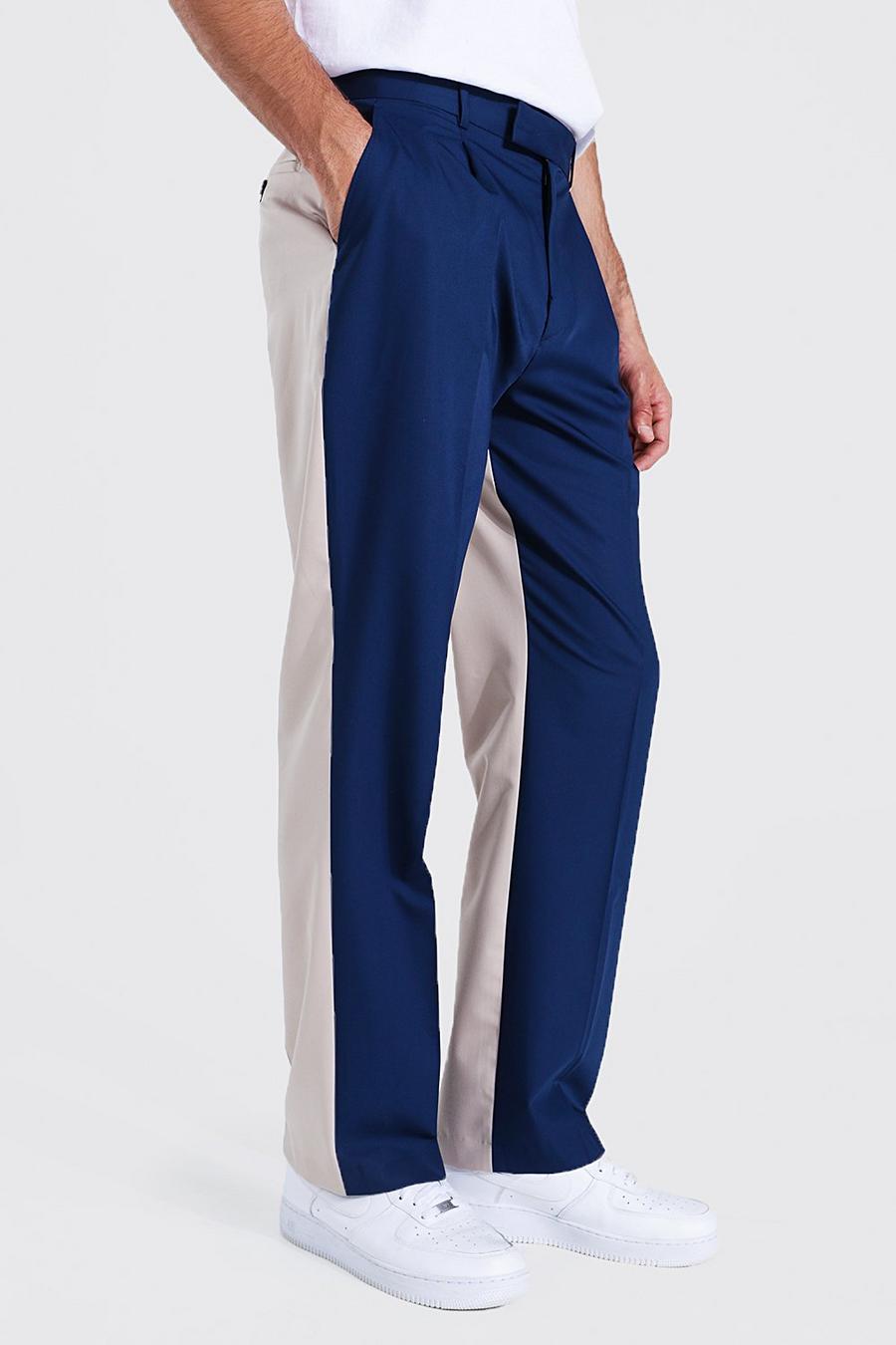 Navy Relaxed Leg Spliced Dress Pants image number 1
