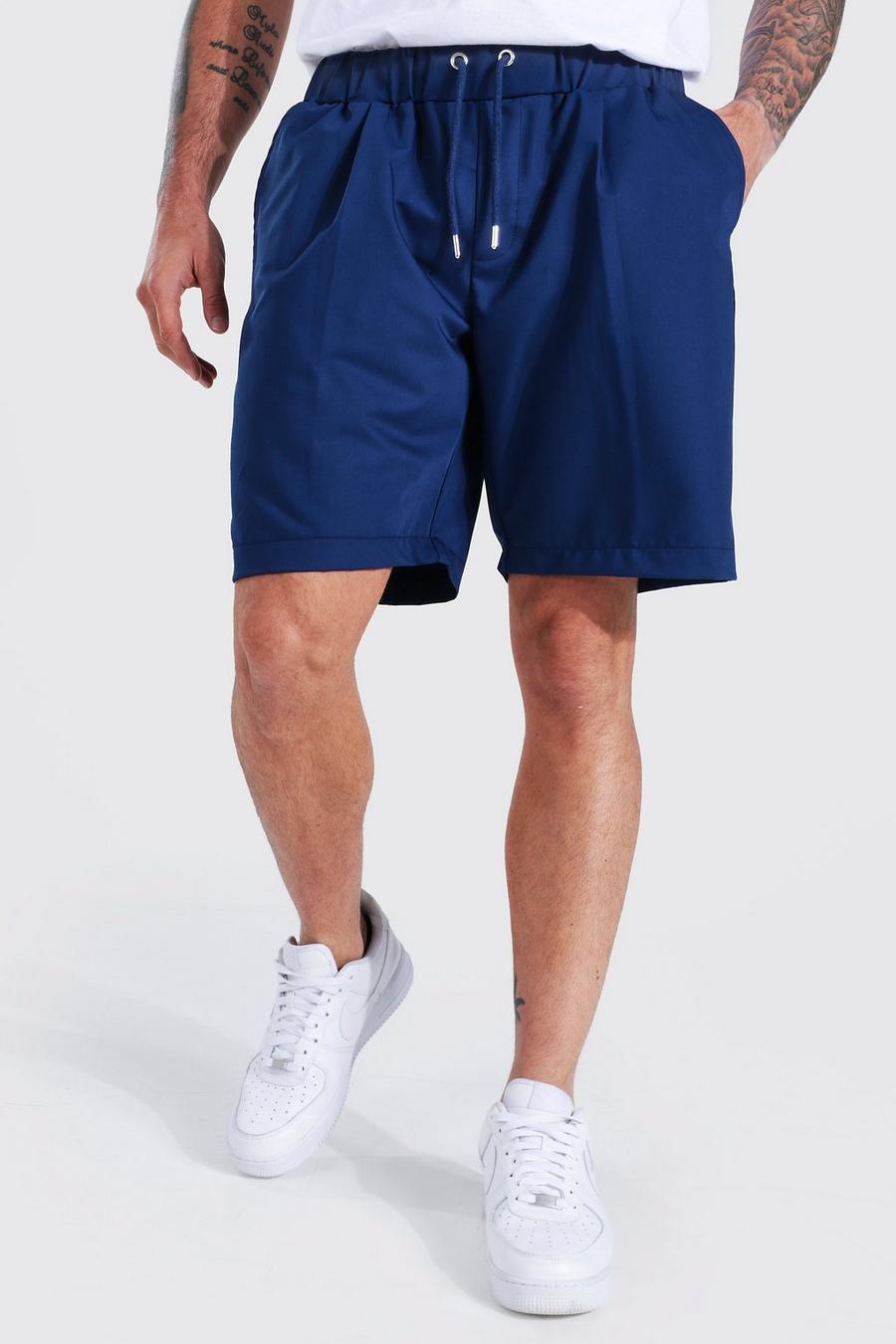 Navy Elasticated Waist Mid Length Tailored Shorts image number 1