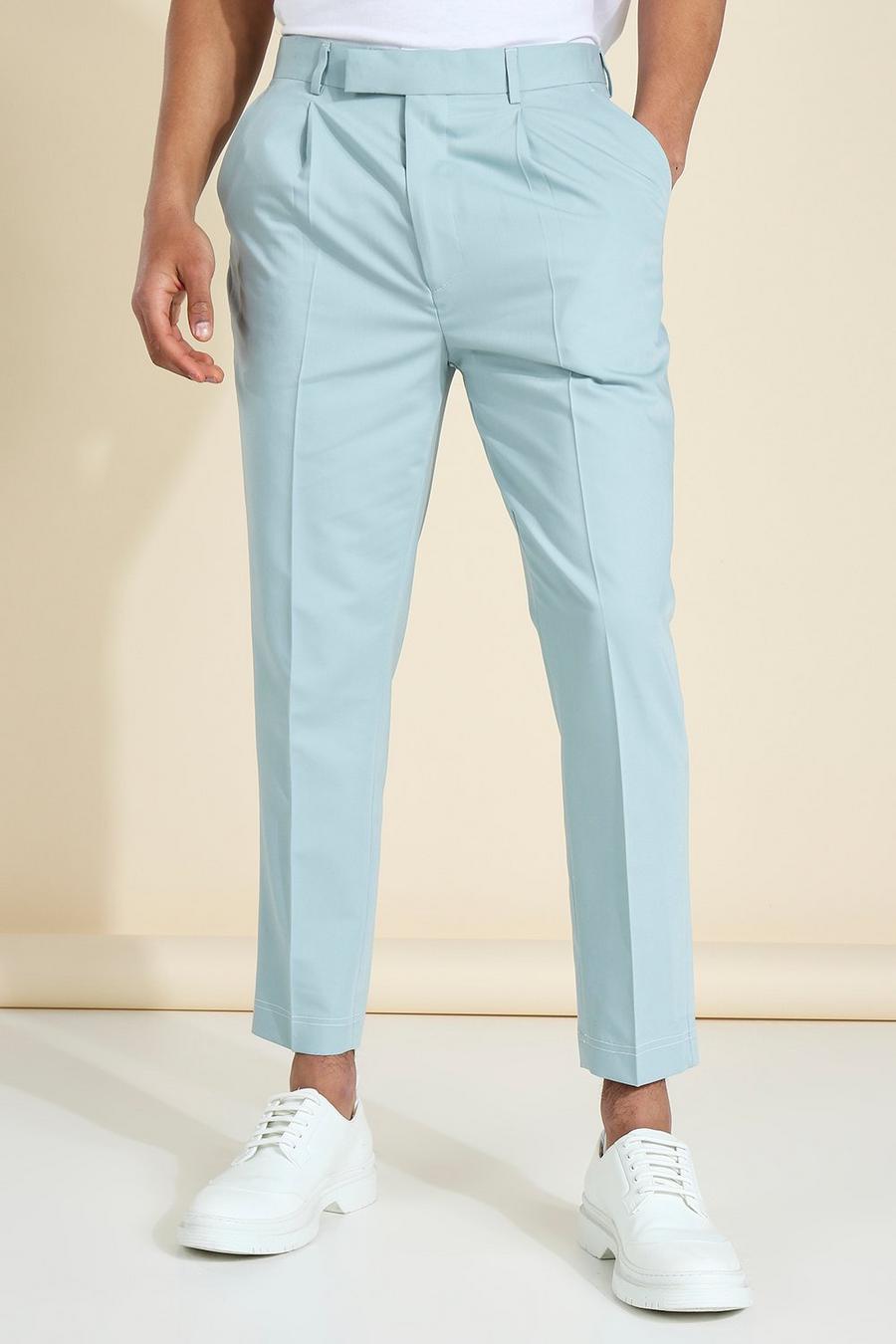 Blue Tapered Crop Contrast Stitch Dress Pants image number 1