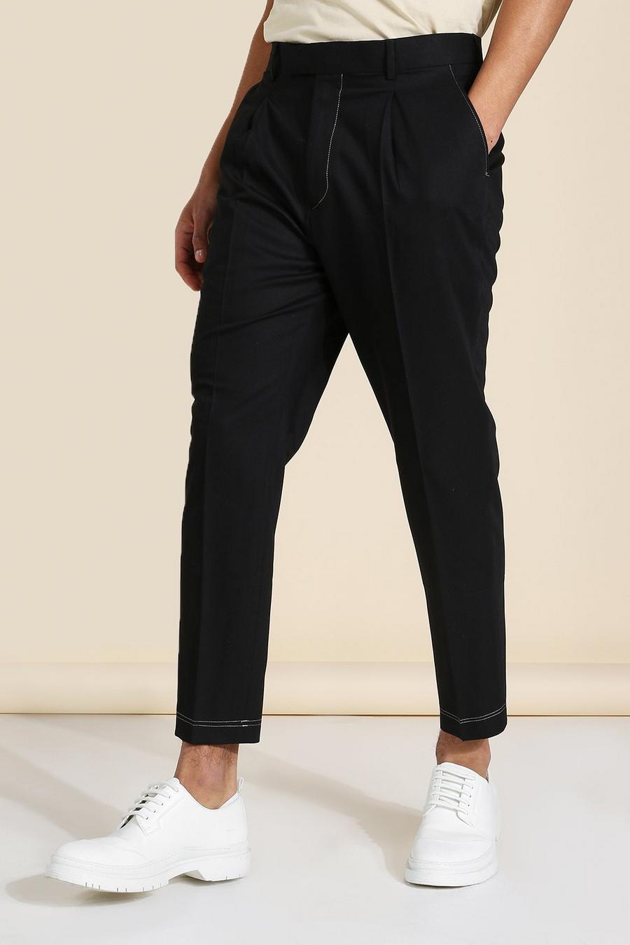 Black Tapered Crop Contrast Stitch Tailored Pants image number 1