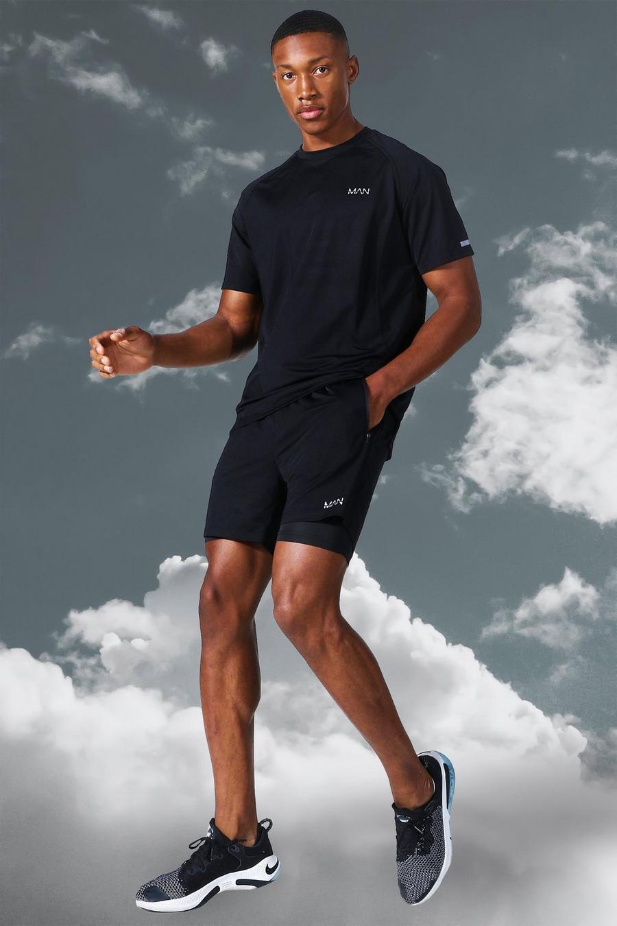 Man Active Lightweight meliertes T-Shirt und Shorts, Black image number 1